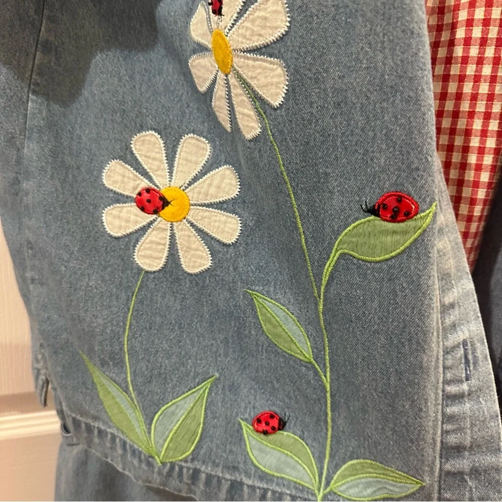 Ms. Lee Vintage Floral Embroidered Denim Set with Red Gingham Top Medium - Picture 5 of 13
